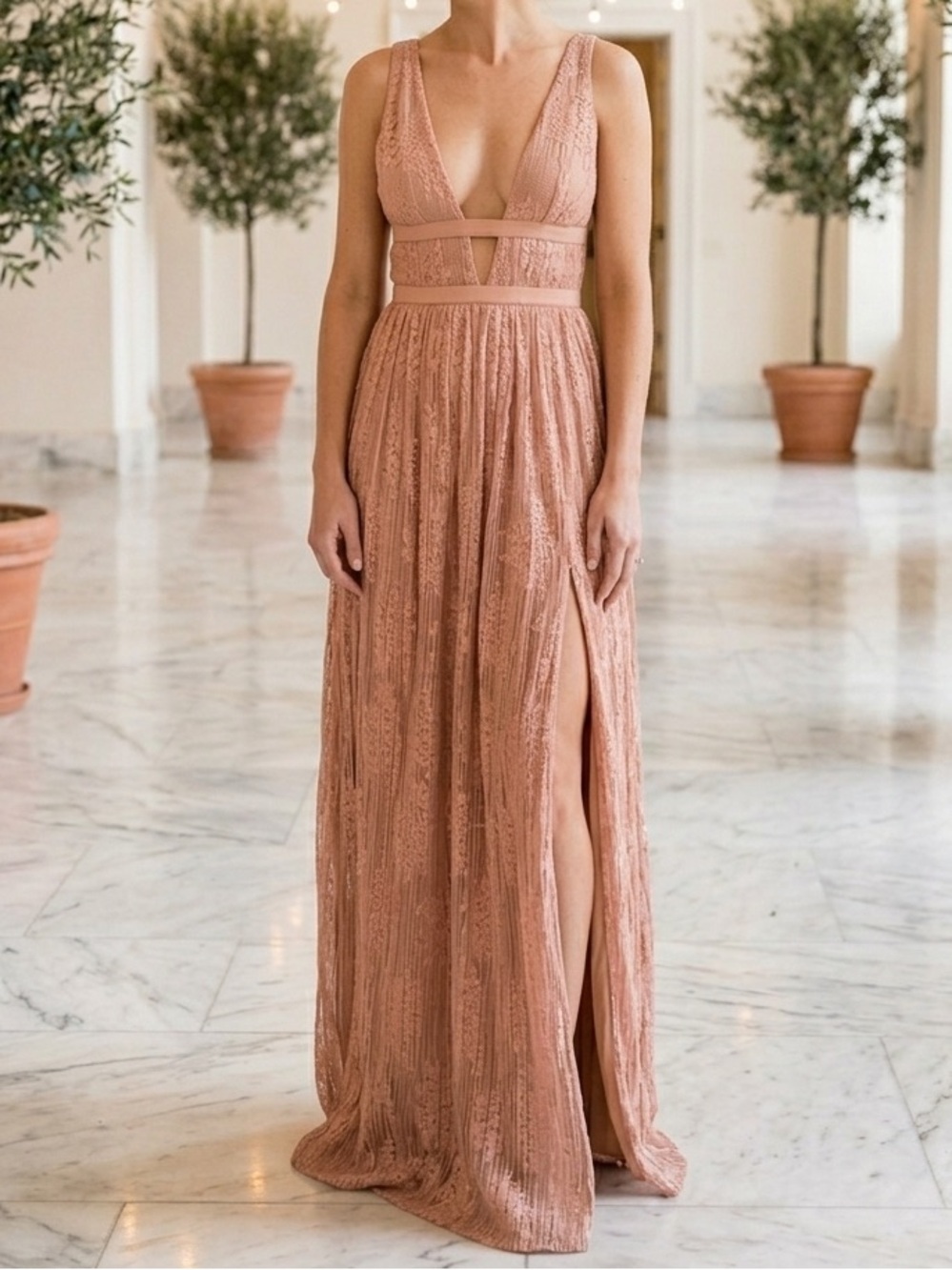 TJD Pink Lace Maxi Dress V-Neck Backless Wedding Guest Gown Formal Boho Sz 8 EUC
